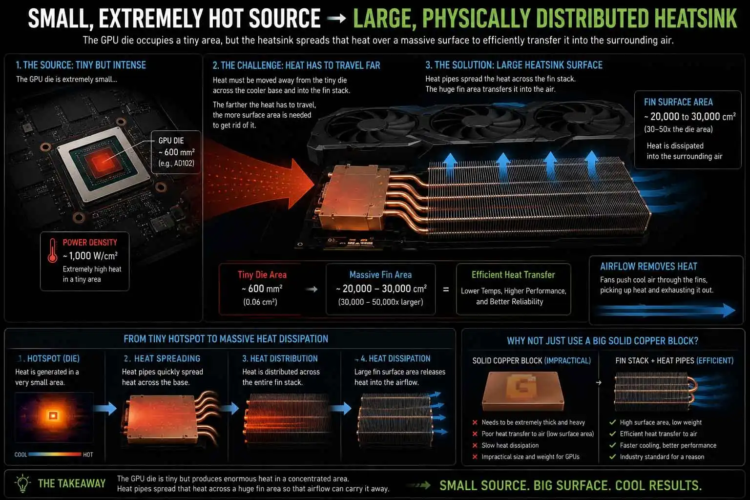 Heat pipe vs solid copper block diagram showing GPU die heat spreading to a large fin stack heatsink